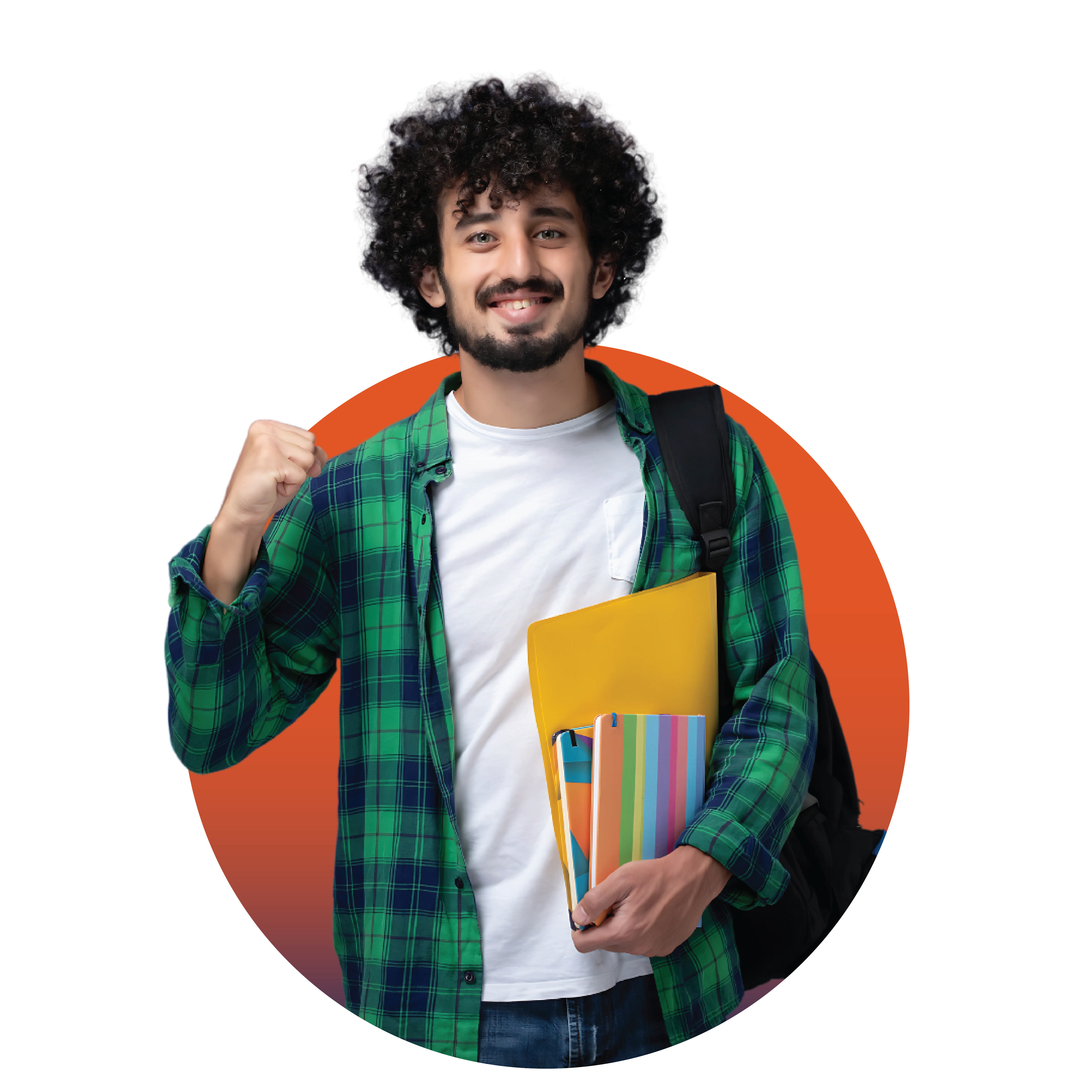 Young woman wearing glasses and plaid shirt holding books with orange and yellow abstract shape behind